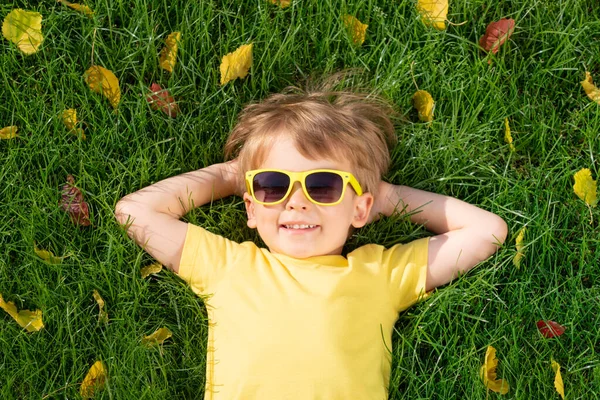 秋天公园里快乐孩子在户外玩乐的头像 笑孩子躺在绿草上 背靠着黄色的叶子 背景模糊不清 — 图库照片