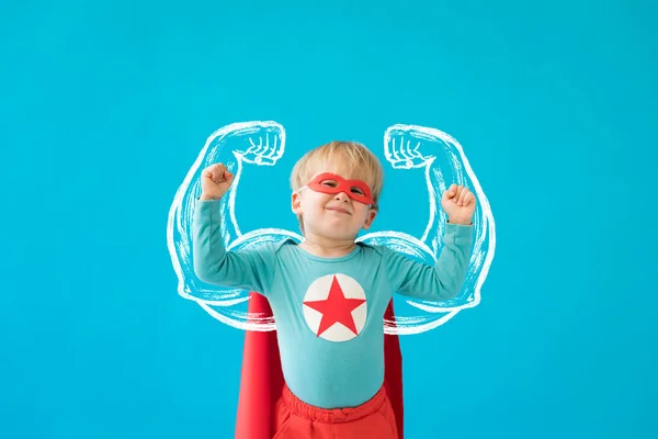 Portrait Superhero Child Super Hero Kid Blue Background Success Winner — Stock Photo, Image