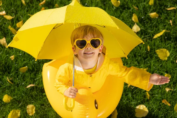秋の公園で傘の屋外で幸せな子供のトップビューの肖像画 笑顔の子供立っている緑の草に対して黄色の葉ぼやけた背景 — ストック写真