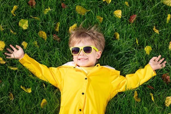 秋の公園で楽しい屋外を持つ幸せな子供のトップビューの肖像画 笑顔の子供は黄色の葉に対して緑の草の上に横たわる背景ぼやけた — ストック写真