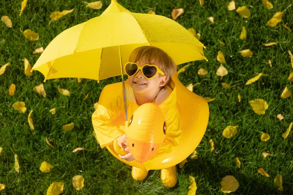 Top View Portrait Happy Child Umbrella Outdoor Autumn Park Smiling — Stock Photo, Image