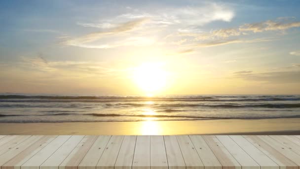 Strand Havet Solnedgang Træterrasse Tekstur Perspektiv Stranden Havet Solnedgang Uhd – Stock-video