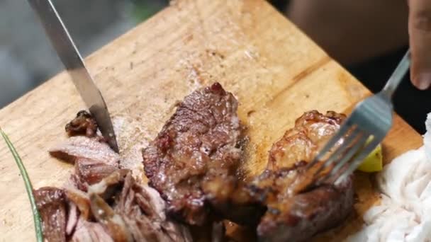 Plaszony Grillowane Mięso Ogrodzie — Wideo stockowe