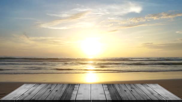 Plaża Morze Zachód Słońca Drewniany Taras Tekstury Perspektywy Plaży Morze — Wideo stockowe