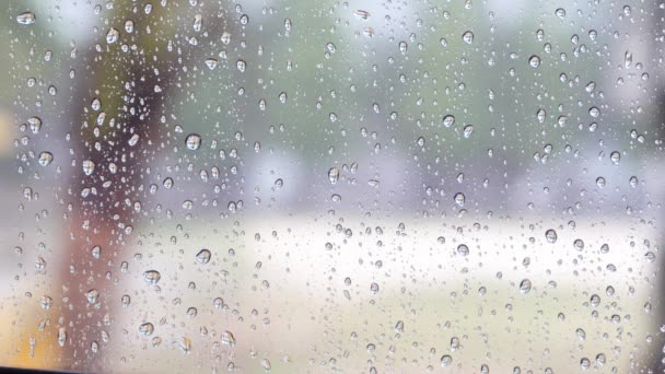 Uhd Videoclip Wasser Regen Tropfen Auf Glas Nahaufnahme Innenraum — Stockvideo