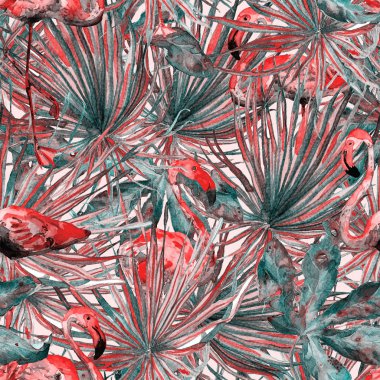 Flamingo desen. Yaz suluboya arka plan.