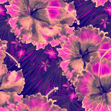 Tropikal desen. Suluboya egzotik çiçekler ve canavar yaprakları. Ultraviyole bitkiler kusursuz desende. Yaz Hawaii suluboya geçmişi. Tropik palmiyeler, canavarlar, çiçek desenleri..