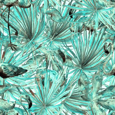 Flamingo desen. Tropikal yaz beyaz yeşil yazdırma. Kuşlar ile egzotik bahar monstera arka plan. Moda hawaiian orman sorunsuz döşeme tekrarladı. Palm botanik mayo tasarımı. Miami yaban hayatı.