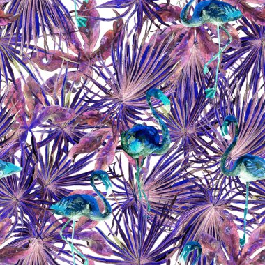 Flamingo desen. Yaz suluboya arka plan.