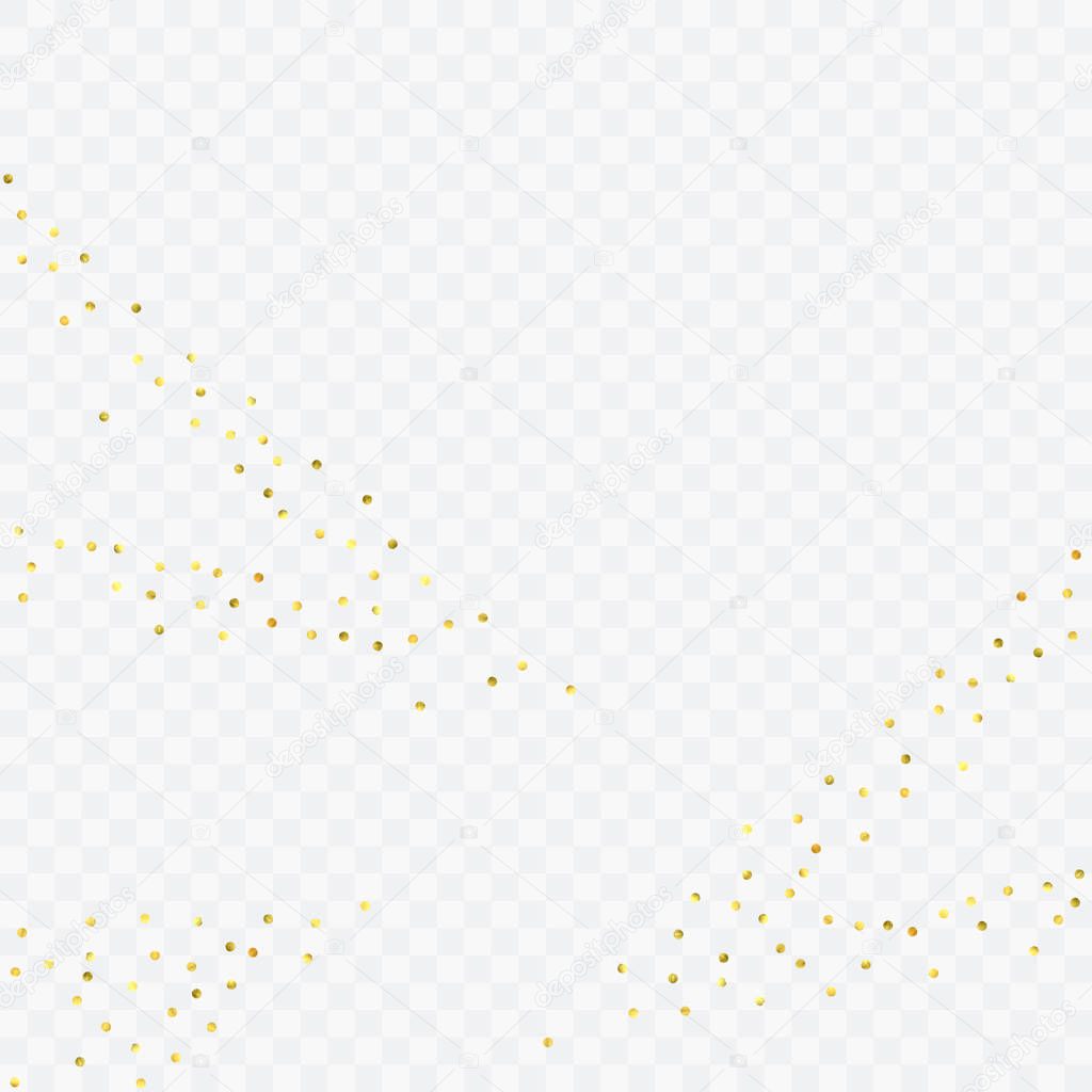 Round gold confetti. Celebrate background. Golden sparkles and dots on transparent backdrop. Christmas party invitation card template. Falling gold confetti. Glitter background.