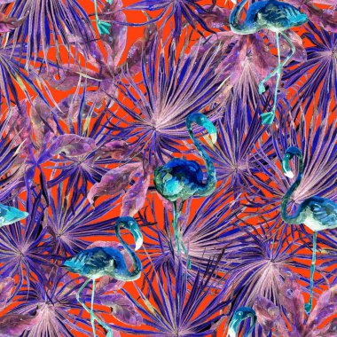 Flamingo desen. Yaz suluboya arka plan.