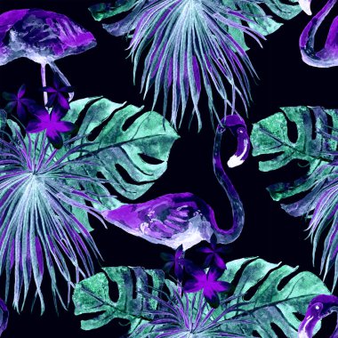 Flamingo desen. Yaz suluboya arka plan.