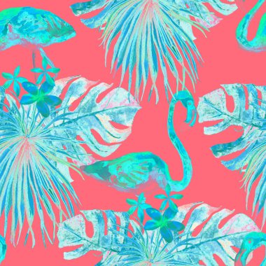 Flamingo desen. Yaz suluboya arka plan.
