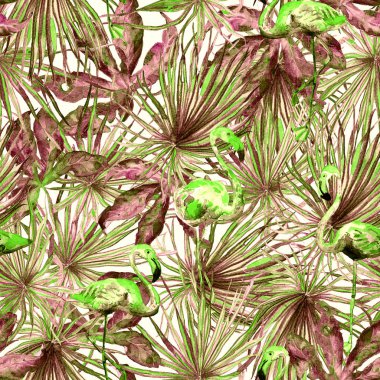 Flamingo desen. Yaz suluboya arka plan.