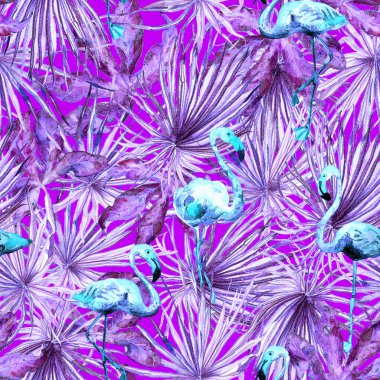 Flamingo desen. Yaz suluboya arka plan.