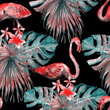 Flamingo desen. Yaz suluboya arka plan.