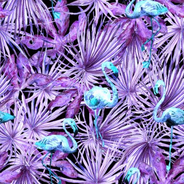 Flamingo desen. Yaz suluboya arka plan.