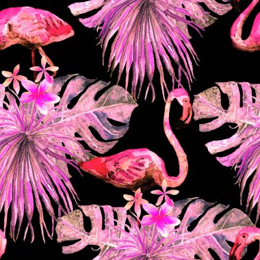 Flamingo desen. Yaz suluboya arka plan.