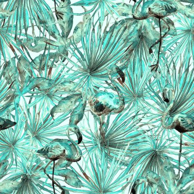 Flamingo desen. Yaz suluboya arka plan.