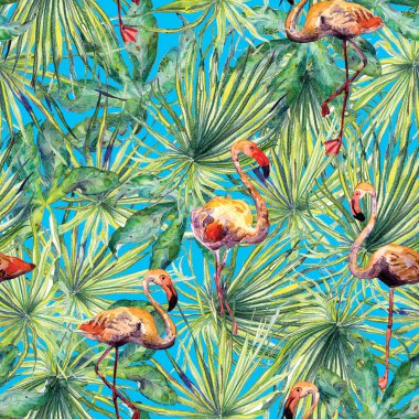 Flamingo desen. Yaz suluboya arka plan.