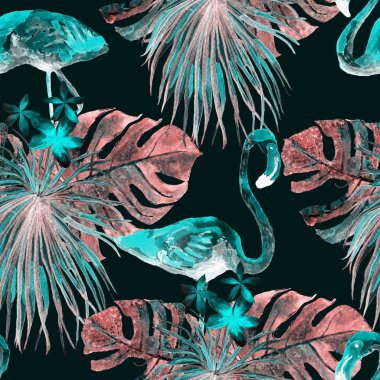 Flamingo desen. Yaz suluboya arka plan.
