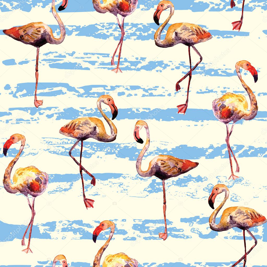 Flamingo pattern. Summer watercolor background.