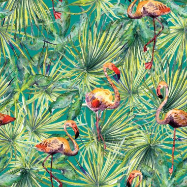 Flamingo desen. Yaz suluboya arka plan.