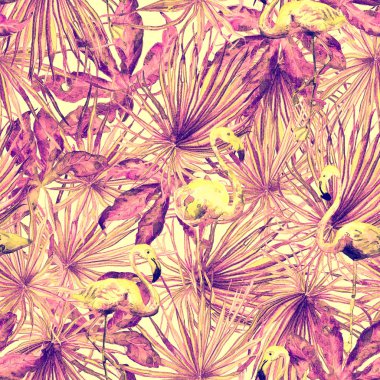 Flamingo desen. Yaz suluboya arka plan.