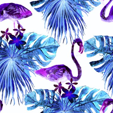 Flamingo desen. Yaz suluboya arka plan.