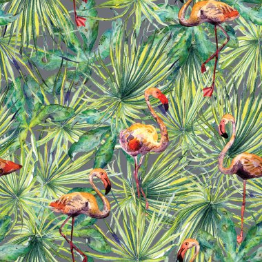 Flamingo desen. Yaz suluboya arka plan.