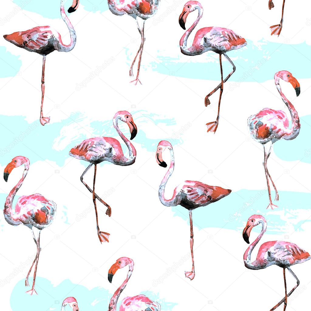 Flamingo pattern. Summer watercolor background.