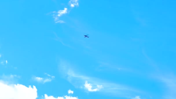 Passenger plane flies in the sky, bottom view — Stock Video