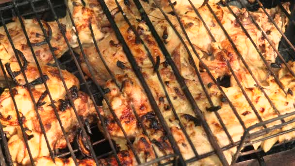Carne de frango frita em um churrasco. Ao ar livre — Vídeo de Stock