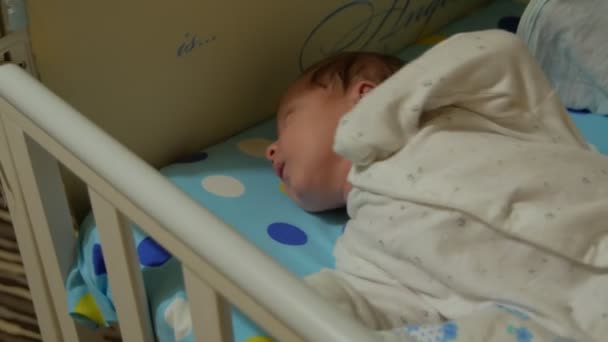 Newborn Baby Boy One Month Old Yawning Bed Closeup Shot — Stock Video