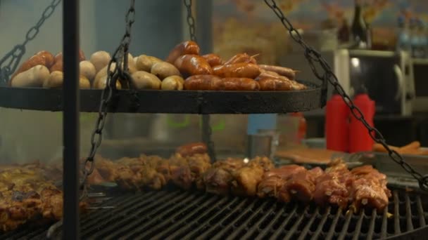 Street Food Sausages Barbecue — Stock Video