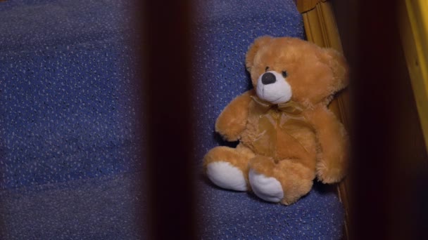 Um urso de pelúcia nas escadas — Vídeo de Stock
