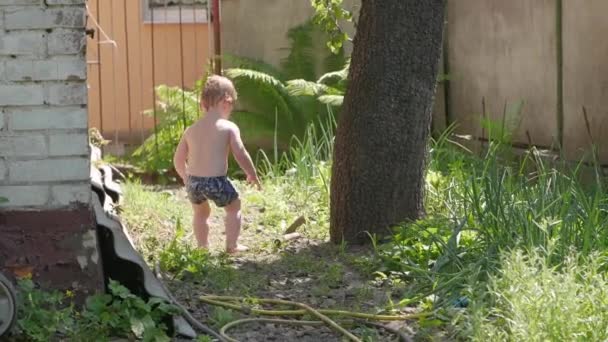 Niño pequeño con herramienta de jardín — Vídeo de stock