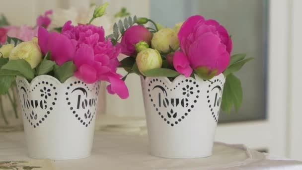 Розовые цветы в корзинах — стоковое видео