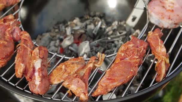 Carne marinada crua na grelha — Vídeo de Stock