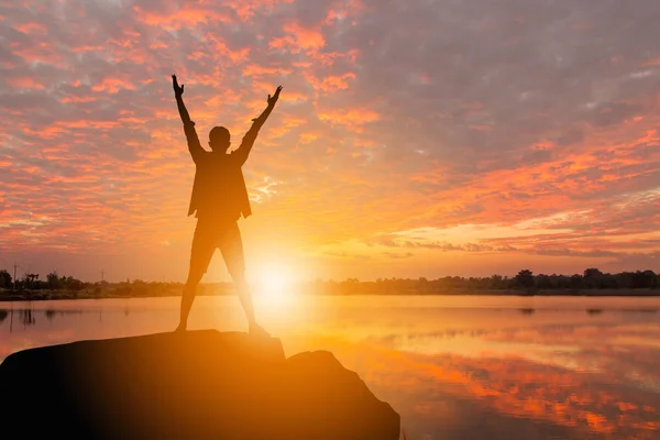 Silhouette Man Celebration Success Happiness Stone Evening Sky Sunset Beach — Stock Photo, Image