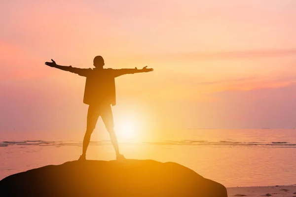 Silhouette of Man Celebration Success Happiness on a Stone Eveni — Stock Photo, Image