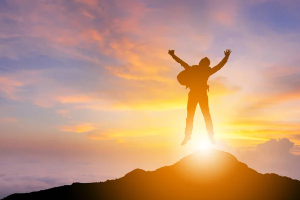 Silhouette Business Man Celebration Success Happiness Mountain Top Sunset Evening — Stock Photo, Image