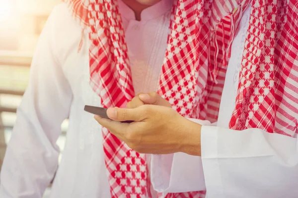 Portrait Smiling Arab Middle Eastern Businessman Using Smartphone City Background — Stock Photo, Image