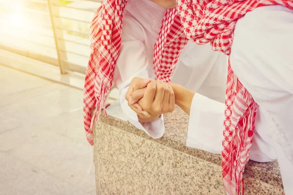 Close Young Arab Middle Eastern Businessman Arm Wrestling Friends Meeting — Stock Photo, Image