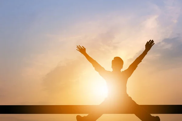 Silhouette Business Man Celebration Success Happiness Relaxed Wooden Evening Sky — Stock Photo, Image