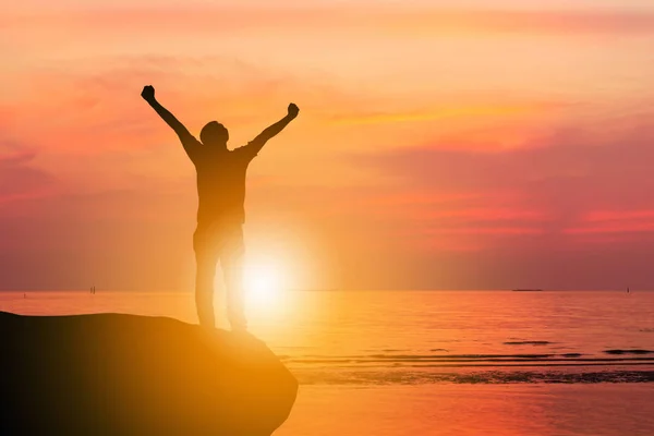 Silhouette Man Celebration Success Happiness Stone Evening Sky Sunset Beach — Stock Photo, Image