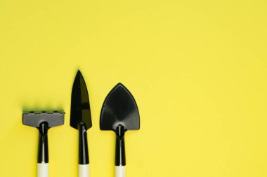 Açık sarı arka planda ev tohumu ekimi için küçük bahçe araçları, kopyalanmış alan