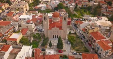 Yunan kenti Aegina, Aegina limanı, Yunanistan 'ın havadan görünüşü