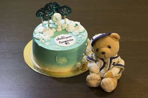 Happy Birthday. Holiday cake. Birthday greetings. Greeting card. Eighteen years. Growing up. Soft bear toy. Inscription in Russian - Favorite daughter 18 years.