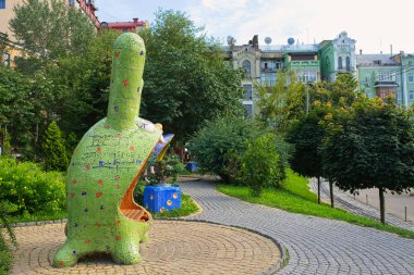 KIEV, UKRAINE - AUGUST 2018: Funny mosaic rabbit bench in the attraction park 'Landscape Alley' 